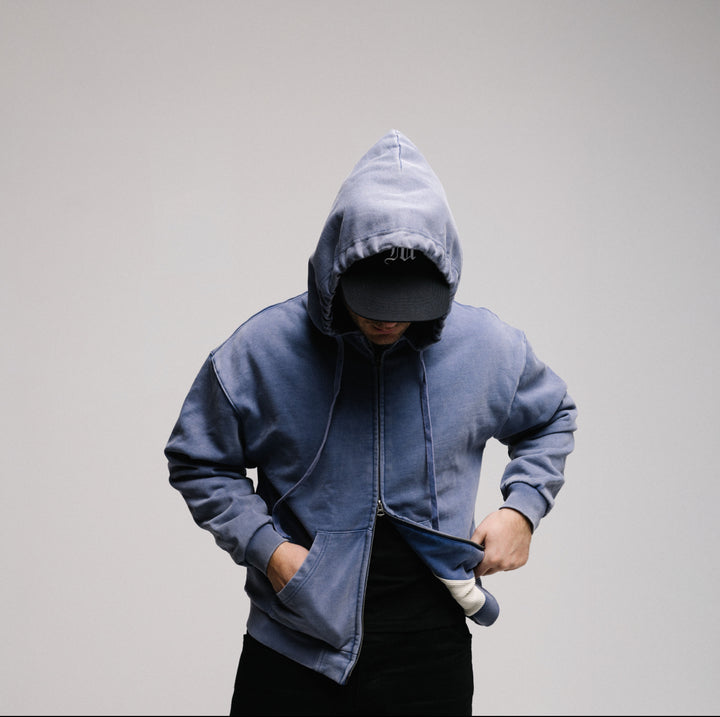 Thermal Lined Stone Washed Blue Hoodie